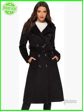 Long Wool Pea Coat Double Breasted Trench with Belt Winter Coat